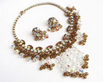 Juliana Clear & Amber Crystal Dangling Bib Vintage Necklace and Matching Clip Earrings - Cha Cha Style - NY Estate Jewelry