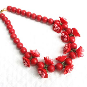Antique Art Nouveau Red Celluloid Double Flower and Pink Bead Pendant Chain Necklace - Wood Bead Chain - NY Estate Jewelry