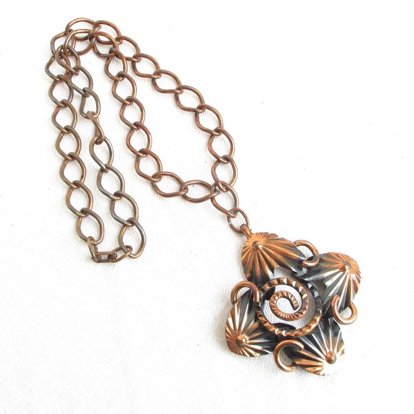 Brass Toned Metal Stamped & Swirled Pendant and Large Link Vintage Necklace - NY Estate Jewelry