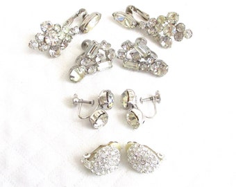 Icy Rhinestone & Silver Metal Vintage Clip and Screw Back Earrings - All Wearable and All Vintage - NY Estate Jewelry Lot