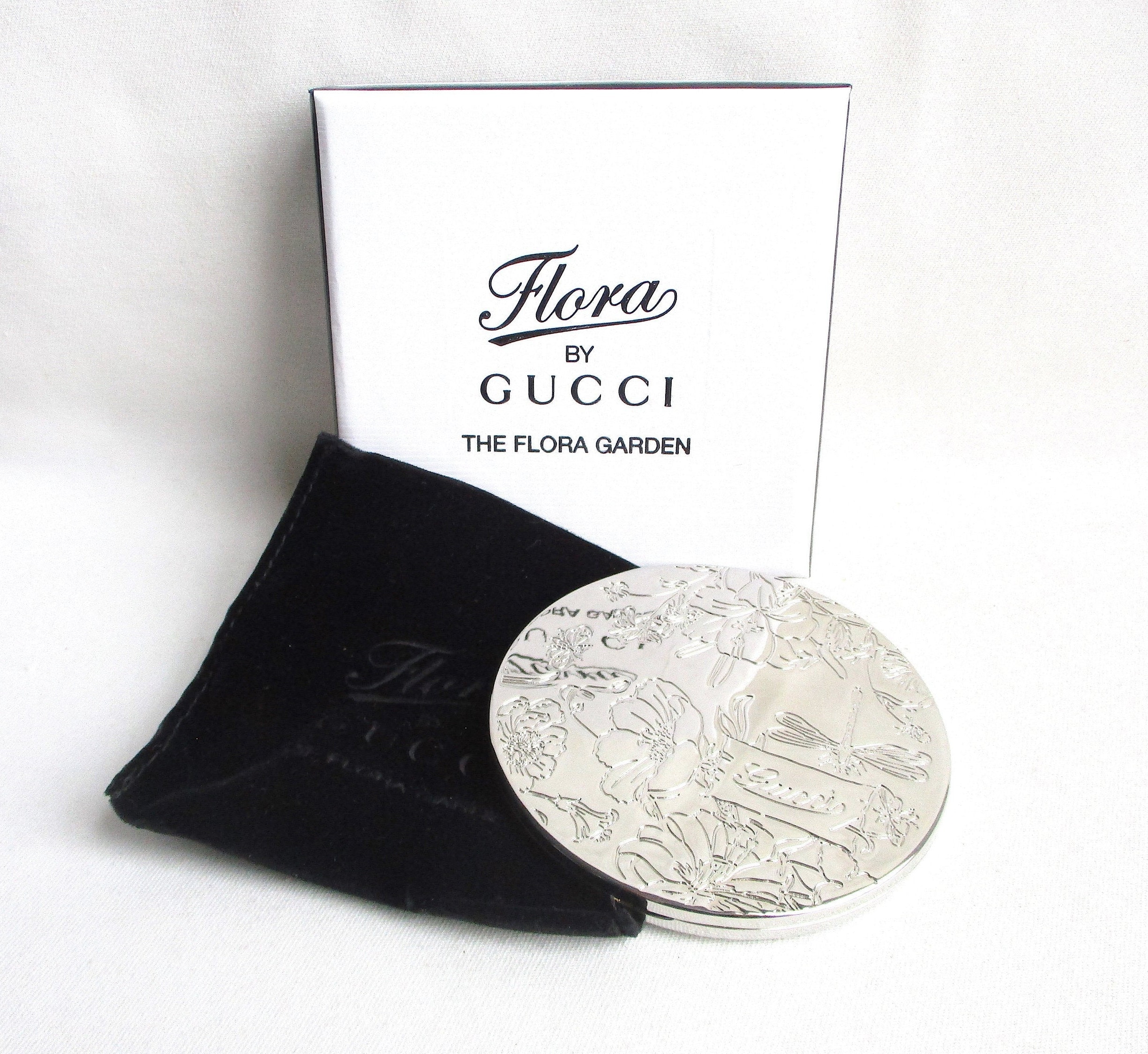 Flora by GUCCI Silver Metal Mirror Compact with Original Black Sleeve and Box Designer Signed 3