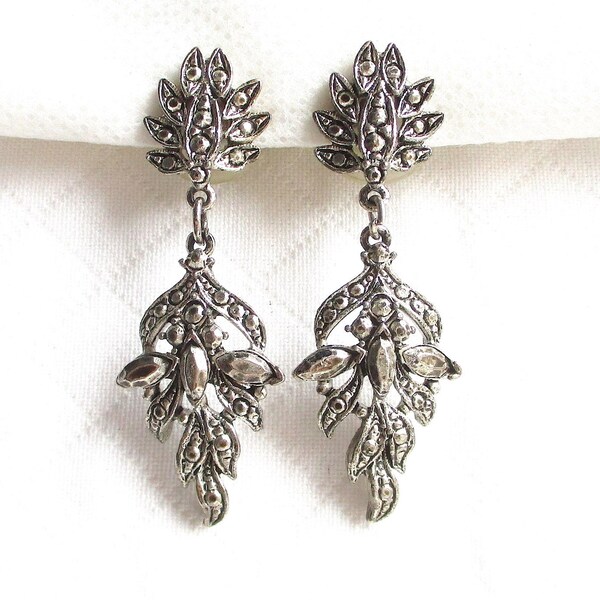 Dangling Vintage Silver Tone Metal Stud Back Earrings - Faux Marcasite - Victorian Style.- NY Estate Jewelry