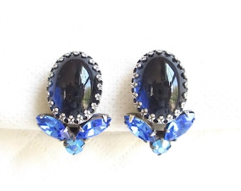 Shades of Blue Glass and Rhinestone Vintage Clip Back Earrings - Ornate Prong Settings/Donut Hole Clips - NY Estate Jewelry