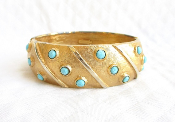 Turquoise Seed Bead and Gold PAKULA Hinged Bangle… - image 2