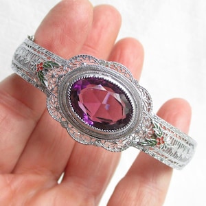 Gorgeous Silver Filigree and Amethyst Purple Rhinestone Vintage Hinge Bangle Bracelet - Safety Chain Enclosure