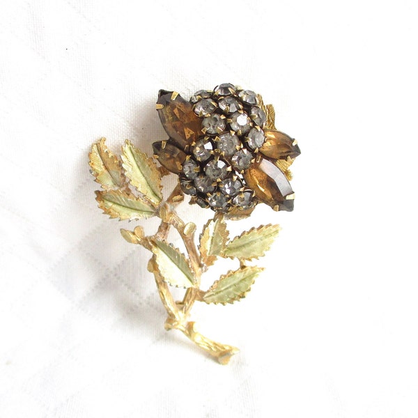 Black Diamond & Brown Rhinestone and Gold Leaf Vintage Flower Brooch - NY Estate Jewelry