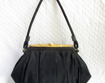 GARAY Black Satin Ornate Gold Bar Clasp Vintage Handbag - Opal Glass Clasp - Top Handle Handbag