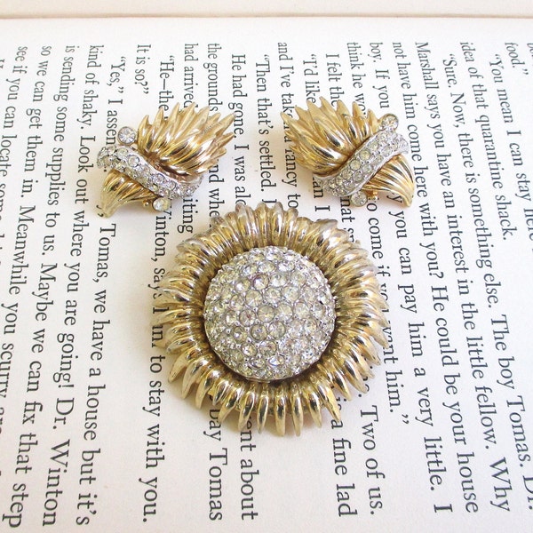 Ledo Polcini Domed Pave Rhinestone and Gold Flower Brooch and Matching Clip Back Earrings - Designer Signed - NY Estate Jewelry