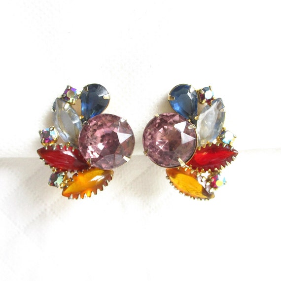 Colorful and Large Glass Stone Vintage Clip Back … - image 1