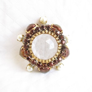 Schreiner NY High Dome Bronze Metallic, Pearl and Glass Vintage Brooch - Designer Signed - Ornate Prong Settings - NY Estate Jewelry