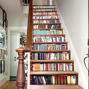 May include: A set of brown wooden stairs with a bookshelf design. The stairs are decorated with a wallpaper of books, creating the illusion of a bookshelf.