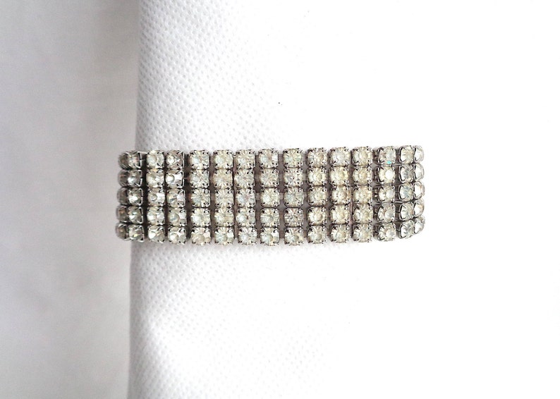 78 Wide Gorgeous Five Row Sparkling Rhinestone Vintage Bracelet Silver Prong Setting /& Safety Chain Great Gatsby Style