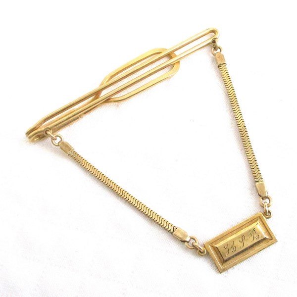 Forstner 12K Gold Filled Antique Dangling Chain Tie Bar Clip - Hallmarked & Inscribed H.L.R. - NY Estate Jewelry