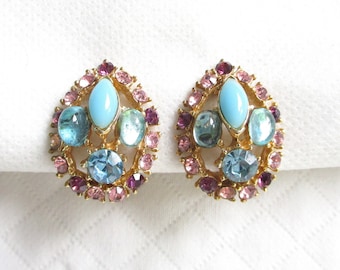 Boucles D'oreilles Vintage Clips - Perles Bleu Foncé Sur Base Or - Ancien Stock, Bon état