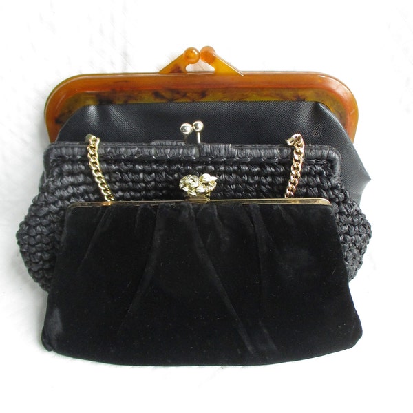 Vintage Handbag Lot - All Black - Raffia, Velvet, Tortoise Shell Lucite - Dayne Taylor - Convertible Clutch and Purses - All Useable