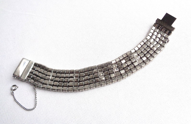 78 Wide Gorgeous Five Row Sparkling Rhinestone Vintage Bracelet Silver Prong Setting /& Safety Chain Great Gatsby Style