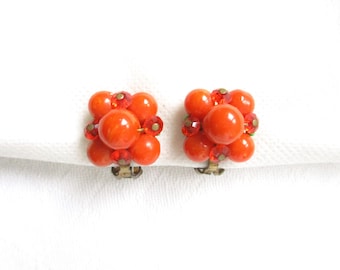 Orange Bead / Orange & Green Glass Wire Beaded Vintage Clip Back Earrings - Gold Setting - NY Estate Jewelry