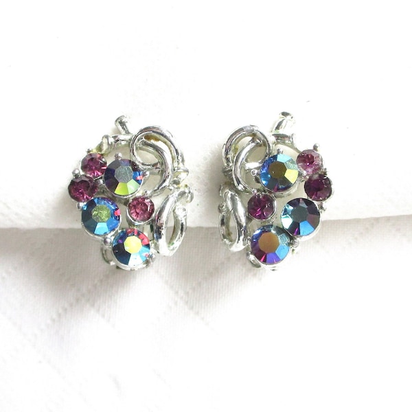 Star Rhinestone Grape Cluster Vintage Clip Back Earrings - Designer Signed - Purple & Aurora Borealis Blue - NY Estate Jewelry