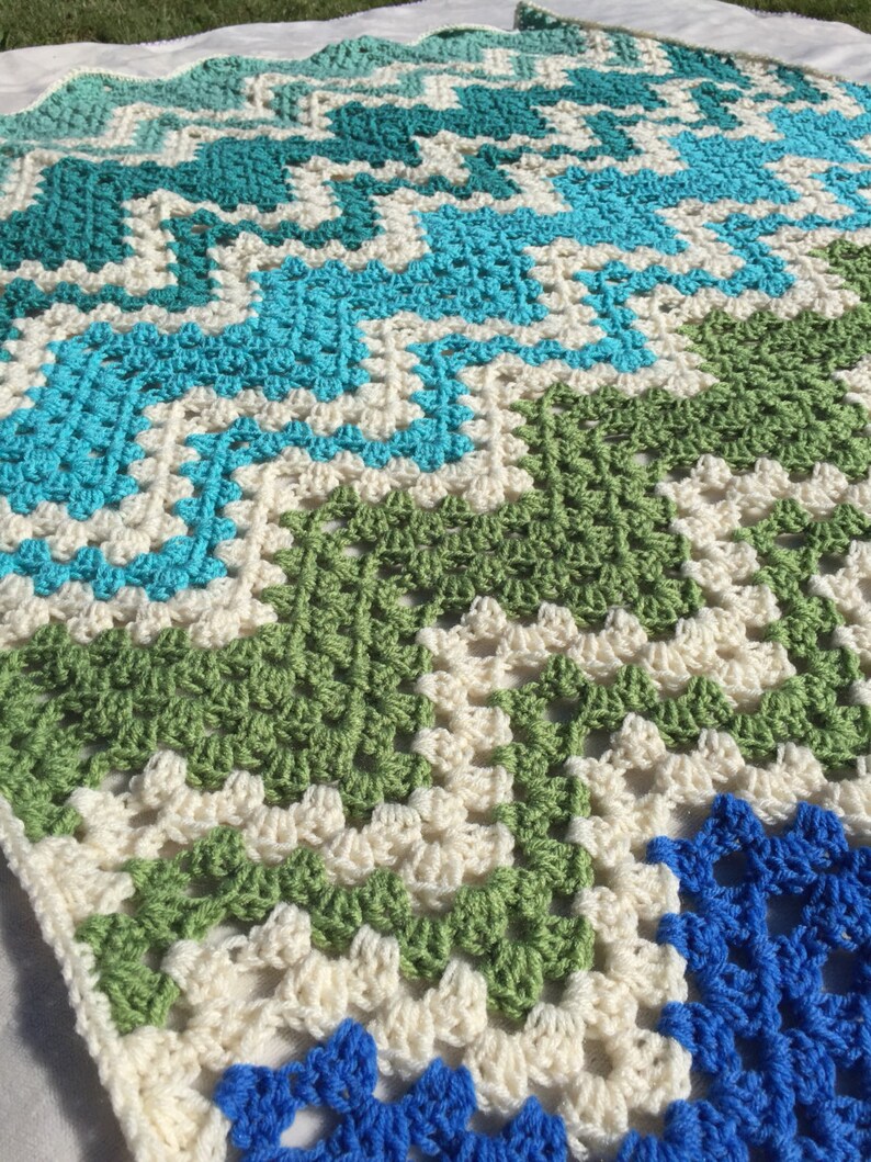 Blue and Green Chevron Afghan