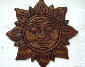 Beautiful terracotta sun, handmade, ceramic picture, mural, wall decoration, relief, flamed ceramic, weatherproof, 40.5 cm