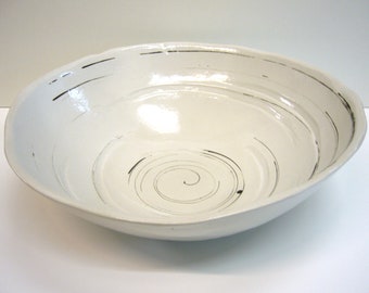 Large bowl, unique, 44 cm, handmade ceramic in shiny white glaze, hand-painted