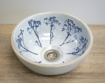 Small hand washbasin, handmade ceramics, lavender branches, blue patinated, white glazed, approx. 27.5x13cm