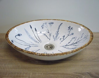 Large oval washbasin, "meadow flowers", handmade pottery, 48 x 36.5 x 12,5 cm, gleaming white glaze