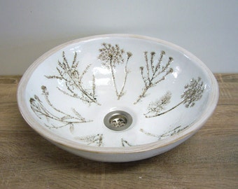 Countertop washbasin, 39 x 12.5 cm, handmade ceramic, meadow flowers, brown patinated in white satin glaze, unique ceramic