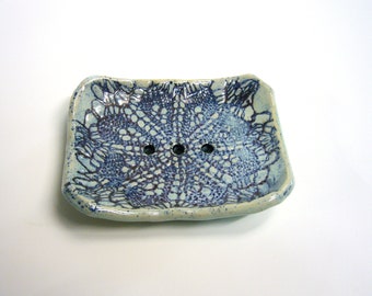 Soap dish, hand-formed ceramic, unique, turquoise glaze with dark blue patina