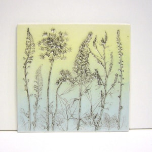 Może przedstawiać: Kwadratowa płytka ceramiczna z motywem botanicznym. Grafika przedstawia różne dzikie kwiaty i trawy w monochromatycznym stylu na tle żółto-niebieskiego gradientu. Rośliny są szczegółowo przedstawione za pomocą cienkich linii.