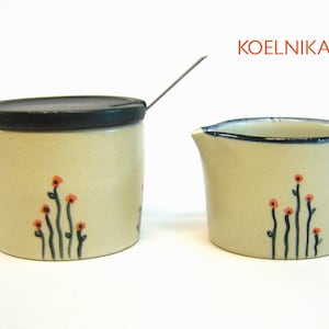 Set: sugar bowl and milk jug, red flowers, hand-made ceramic, hand-painted