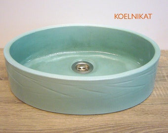 Handgefertigte Unikat-Keramik, Ovales Waschbecken in mint-glänzender Glasur, ca. 40x27,5x11cm