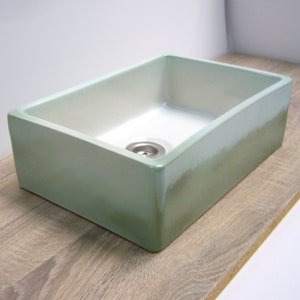 Rectangular washbasin, handmade pottery, 36,5 x 25,2 x 11,5 cm, white and mint coloured glaze