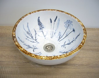 Handmade ceramic basin with patinated prints of meadow flowers