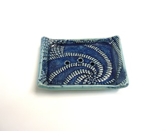 Soap dish, hand-formed ceramic, unique, turquoise glaze with blue patina