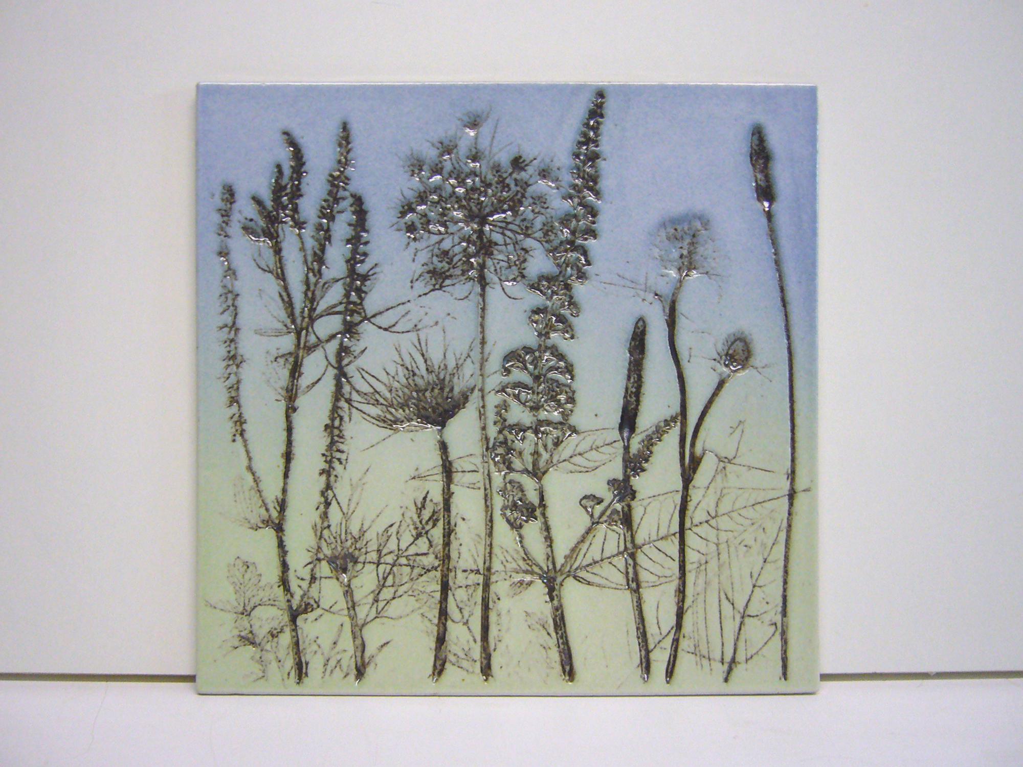 Handmade ceramic picture, meadow flowers, 22 x 21.5 cm, wall decoration in light blue and pastel turquoise, satin glazed, high fired, unique