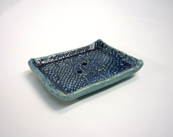 Soap dish, hand-formed ceramic, unique, turquoise glaze with blue patina