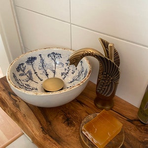 Small hand washbasin, handmade ceramics, lavender branches, blue patinated, white glazed, approx. 27.5x13cm image 9