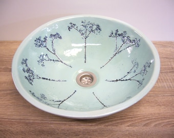 Washbasin ceramic, handmade, 39 x 12.5 cm, unique, "Wild carrot", imprints of meadow flowers, patinated in white glossy glaze