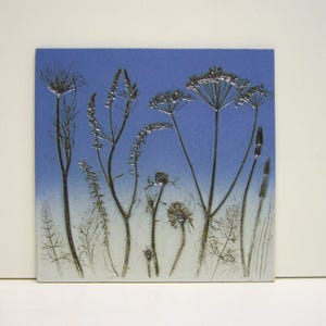 Peut inclure: Carreau de céramique carré avec un motif botanique. Des silhouettes de plantes gris argenté se détachent sur un fond bleu dégradé. L'œuvre représente diverses fleurs sauvages et herbes, créant une esthétique naturelle et artistique.