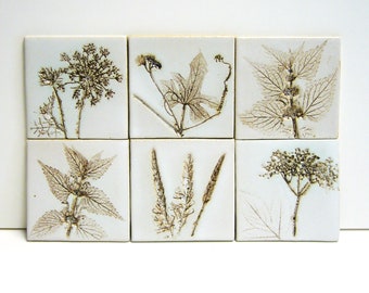 Six handmade flower tiles, handmade ceramic, 10 x 10 cm, meadow flowers brown patinated in shiny white glaze