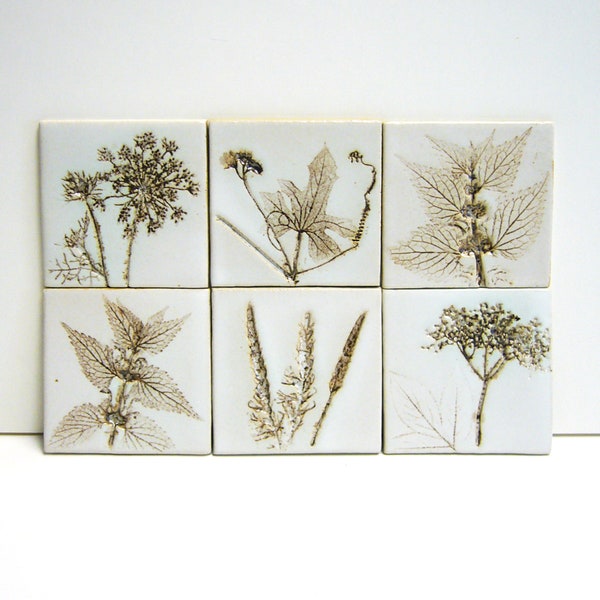 Sechs handgefertigte Blumen-Fliesen , handgemachte Keramik, 10x10 cm, Wiesenblumen braun patiniert in weiß-glänzender Glasur