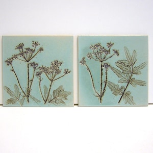 May include: Two square ceramic tiles with a pale blue background. Each tile features a botanical design with brown stems and leaves. The botanical elements are detailed with a silver glitter effect. The tiles are a decorative home decor item.