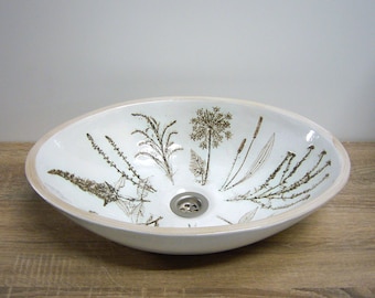 Grosses ovales Waschbecken, handgemachte Keramik, "Wiesenblumen", ca. 48,7 x 36 x 12 cm, in weiß glänzender Glasur, braun patiniert