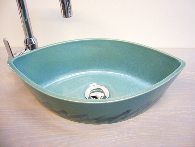 Small Hand Wash Basin In A Ship Shape With Painted Swell Handmade Ceramic 41x23x11 6 Cm Glaze Aqua Turquoise Silk Matte