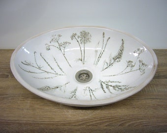 Large oval washbasin, "meadow flowers", handmade pottery, 48,7 x 36,2 x 12,5 cm, gleaming white glaze