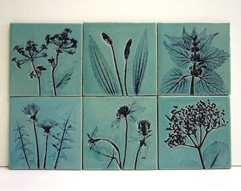 6 handmade flower tiles, ceramic, 10 x 10 cm, meadow flowers, shiny turquoise with dark blue patina