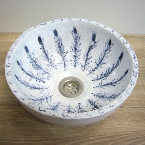 Small hand washbasin, handmade ceramics, lavender branches, blue patinated, white glazed, approx. 27.5x13cm image 3