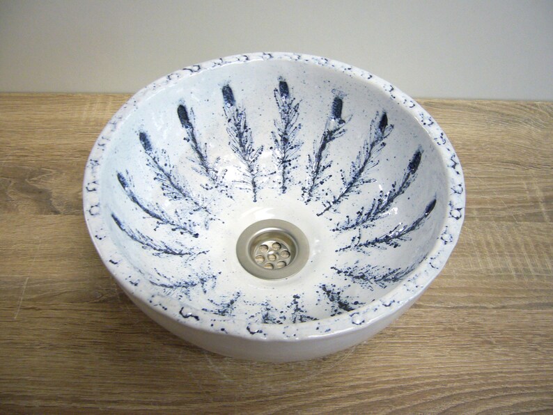 Small hand washbasin, handmade ceramics, lavender branches, blue patinated, white glazed, approx. 27.5x13cm image 3