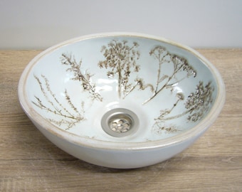 Meadow flowers, oval hand washbasin, 30 x 25 x 11.2 cm, handmade ceramic in white satin-glossy glaze, brown patinated